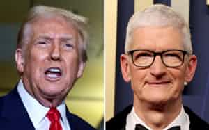 トランプ米大統領㊧とアップルのティム・クックCEO=ロイター トランプ米大統領㊧とアップルのティム・クックCEO=ロイター