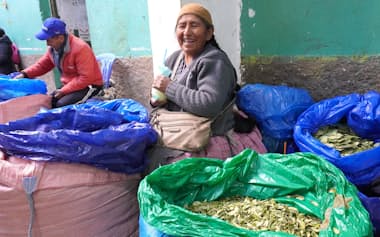 市場でコカの葉を販売する生産者の女性(10月、ラパス)