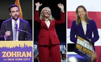 左からニューヨーク市長選で当選したマムダニ氏、バージニア州知事選に当選したスパンバーガー氏、ニュージャージー州知事選に当選したシェリル氏(4日)=ロイター、写真中央はゲッティ共同
