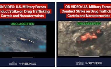米ホワイトハウスのX(旧ツイッター)に投稿された麻薬運搬船に対する攻撃の映像(9月)=ロイター