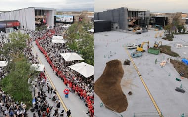 大阪万博フランスナショナルデーの9月13日にミャクミャクも参加して開かれた、フランス館と日本館とを人でつなぐイベント(左)。閉幕から1カ月となった13日、会場ではパビリオンの解体作業などが進んでいた(大阪市此花区)