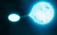 宇宙の吸血鬼:O型星の連星の一方が他方から物質を吸い上げる様子の想像図。O型星は宇宙で最も高温で明るいタイプの恒星だ。LIGOが初めて検出した重力波も、こうした巨大な連星がそれぞれブラックホールになり、さらに合体することで発生した可能性がある。（IMAGE COURTESY ESO, M. KORNMESSER, S.E. DE MINK）