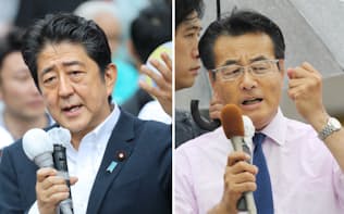 選挙戦でそれぞれ17、21都道府県を回った安倍首相（左）と岡田民進党代表