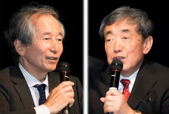 早大の内田和成教授（左）とカルビーの松本晃会長