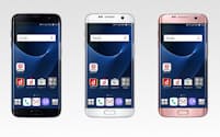 サムスンの「Galaxy S7 edge」。カラーは左からブラックオニキス/ホワイトパール/ピンクゴールドの3色。NTTドコモでの機種変更で月々サポートを反映させた実質負担金は6万4800円（税込み）