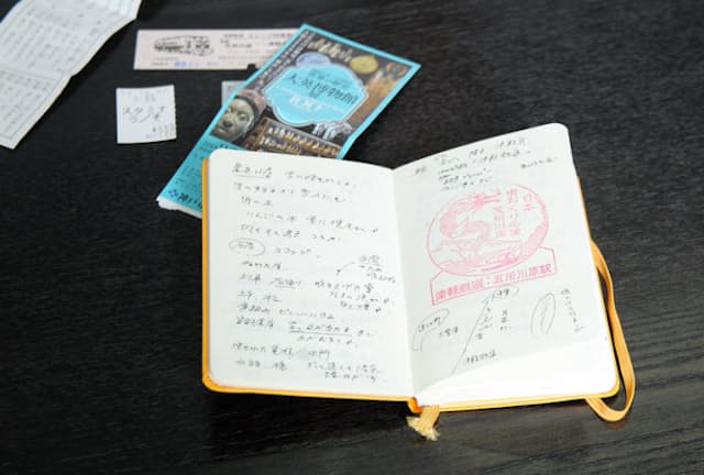 森見さんがデビュー以来使い続けている取材ノート。開かれたページに書かれているのは『夜行』に収録された「津軽」の執筆のために訪れた、青森での取材メモ。訪れた場所で森見さんの目に映ったモノの断片がつづられる