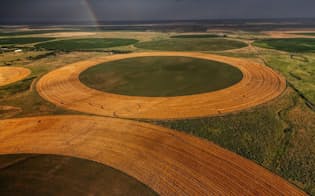 米カンザス州の穀物畑を潤すピボット式スプリンクラーの灌漑システム。それぞれがオガララ帯水層から、1分間に何百リットルもの水をくみ上げている。（PHOTOGRAPH BY RANDY OLSON, NATIONAL GEOGRAPHIC CREATIVE）