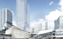 スクランブル交差点にある商業ビル「QFRONT」側から見た、2027年の渋谷駅前のイメージ図。17年1月時点で既に建っているのは、1番左側に見える「渋谷ヒカリエ」のみ