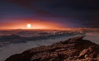 地球と同じぐらいの大きさの惑星プロキシマbからは、こんな風景が見えるかもしれない。（PHOTO ILLUSTRATION BY ESO, M. KORNMESSER）