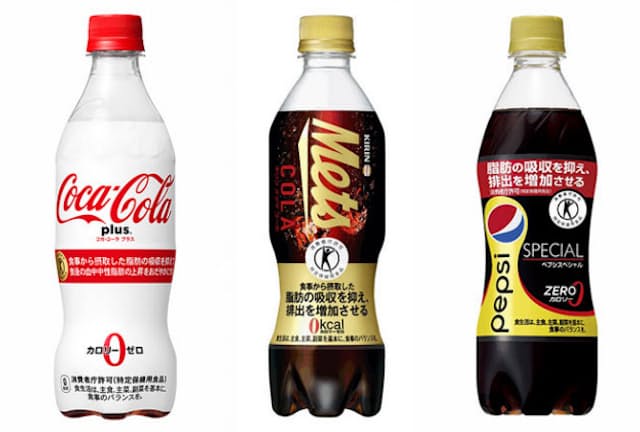 3月27日に発売される「コカ・コーラ プラス」（左）と、トクホコーラナンバーワンをうたう「キリン メッツ コーラ」、「ペプシ スペシャル」
