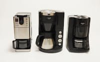 左から無印良品「豆から挽けるコーヒーメーカー　MJ-CM1」、象印マホービン「コーヒーメーカー珈琲通　EC-NA40」、パナソニック「沸騰浄水コーヒーメーカー　NC-A56」