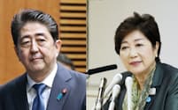 安倍晋三首相（左）と小池百合子東京都知事