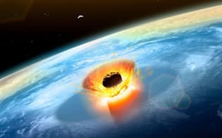 6600万年前にユカタン半島に衝突した巨大隕石は、恐竜の絶滅の主要な原因になったと考えられている。（ILLUSTRATION BY MARK GARLICK, SCIENCE PHOTO LIBRARY/ALAMY）