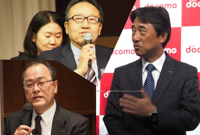 ソフトバンクの宮内謙社長（左上）、NTTドコモの吉沢和弘社長（右）、KDDIの田中孝司社長（左下）。ソフトバンク、KDDIは決算説明会、NTTドコモは新サービス・商品発表会から