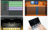 音楽制作アプリ「GarageBand」
[写真左上] Macに標準搭載する音楽制作ソフトGarageBandのiPad版も登場。こちらは初代iPadでも利用できる。最大8トラックの音源を重ねて曲を制作可能
[写真右上] 鍵盤やギター、ドラムなど多彩な楽器を収録。画面をタッチして演奏できる。楽器が弾けない人のために演奏法を簡略化した「Smart Instruments」も搭載
[写真左下] アンプシミュレーターも搭載。別売りのアダプターを介してギターをiPad に接続すれば、さまざまなアンプやエフェクターの音色を再現できる
[写真右下] ピアノは、内蔵加速度センサーを利用してタッチの強弱を判別してくれる。写真のようにiPadを手に持って演奏すると、かなり正確に強弱をコントロール可能