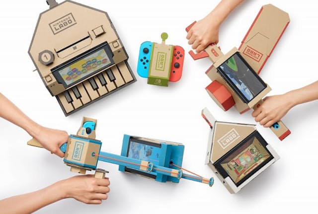任天堂が発売予定の「Nintendo Labo」は同こんされた段ボール、ひも、輪ゴムなどを使って組み立てたパーツとNintendo Switchを組み合わせて遊ぶ。写真は「Nintendo Labo Toy-Con 01: Variety Kit」 (C)2018 Nintendo