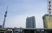 アサヒビール本社ビル（一番右）にスカイツリーの姿が映り込む。まさに「ダブルツリー」（東京・浅草）