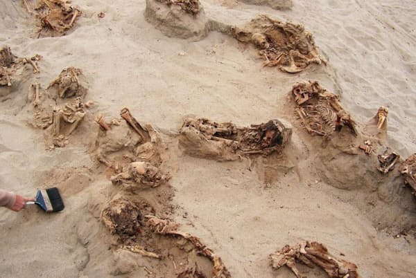 考古学者たちは1日で12体以上の生贄の遺体を発掘した。遺体は乾燥した砂の中で500年以上保存されていた。子供たちの死亡時の年齢は8歳~12歳が多かった(PHOTOGRAPH BY GABRIEL PRIETO) 考古学者たちは1日で12体以上の生贄の遺体を発掘した。遺体は乾燥した砂の中で500年以上保存されていた。子供たちの死亡時の年齢は8歳~12歳が多かった(PHOTOGRAPH BY GABRIEL PRIETO)