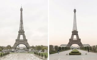 左がパリのエッフェル塔、右が中国の天都城にあるレプリカ。米国ラスベガスのホテルにあるレプリカに次いで世界で2番目に大きい（PHOTOGRAPH BY FRANCOIS PROST）