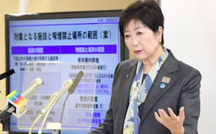 記者会見で東京都の受動喫煙防止条例案を説明する小池百合子知事