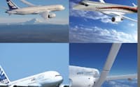 三菱航空機が開発、2012年に初飛行を目指す「MRJ」（右上）は、70～90席の小型機で全日空から25機、米国の航空会社から100機受注。ボーイングの787型機（左上）は、210～250席の中型機で、2009年に初飛行、2011年中に全日空で就航予定。エアバスの「A380」（左下）は2007年就航の最大の旅客機。右下はエアバスが公開した超低燃費のコンセプト機