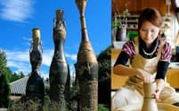 （左）1796年に開窯した「製陶ふくだ」の敷地内にある高さ10.7メートルの巨大花瓶。（右）手ひねりや本格的なろくろを使った陶芸体験がいろいろな所でできる（写真:笠間観光協会）
