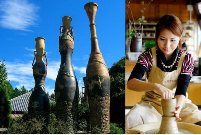 （左）1796年に開窯した「製陶ふくだ」の敷地内にある高さ10.7メートルの巨大花瓶。（右）手ひねりや本格的なろくろを使った陶芸体験がいろいろな所でできる（写真：笠間観光協会）