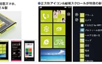 [左] 図2　富士通東芝モバイルコミュニケーションズが製造、KDDIが販売する「IS12T」。Windows Phone 7.5の搭載端末としては世界初となる見込み。手に持ちやすい薄型のデザインと、黄緑色・ピンク・黒色のカラーが特徴的だ
[右] 図3 Windows Phoneの画面は、正方形のアイコンが整然と並ぶ「タイル」画面（左）と、項目を一覧表示したメニュー画面（中）が基本。「メトロ」デザインと呼ばれる。タイルを押したり、これらの画面を縦横になぞって切り替えたりして操作する。アプリを購入・ダウンロードできる「マーケットプレース」（右）も用意する