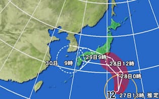 黄円の範囲は風速15m/s以上の強風域、赤円は風速25m/s以上の暴風域、白の点線は台風の中心が到達すると予想される範囲。薄い赤のエリアは暴風警戒域