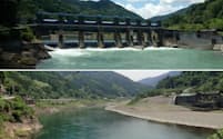 荒瀬ダム撤去前（上、2011年7月）と撤去後の球磨川（18年5月）=熊本県提供