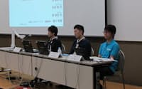 写真　セッションに登壇した3人。右からグリーの東明宏部長、ミクシィの安部聡マネージャー、アマツの澤紫臣CCO