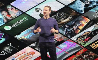 VRの発表会で登壇するザッカーバーグCEO(26日、米サンノゼ)=共同 VRの発表会で登壇するザッカーバーグCEO(26日、米サンノゼ)=共同