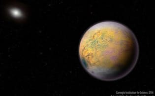まだ存在が確認されていない第9惑星の想像図。新たに発見された2015 TG387を含む小さな天体の軌道に影響を与えていると想定されている（ILLUSTRATION BY CARNEGIE INSTITUTION FOR SCIENCE, DTM, ROBERTO MOLAR CANDANOSA/SCOTT SHEPPARD）