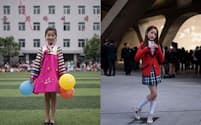 左は子供の日のイベントでダンスを披露したキム・ソン・ジョンちゃん（9歳）。北朝鮮の平壌で撮影。右は東大門デザインプラザでダンスを披露したユン・ヘリムちゃん（10歳）。韓国で開催されたソウルファッションウィークにて（PHOTOGRAPH BY ED JONES, GETTY IMAGES）