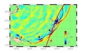 3月11日の地震発生から7時間30分後の太平洋の海面変動。黒矢印の地点で津波同士が重なって波高が大きくなっている。赤線と赤矢印は観測に成功した人工衛星「Jason-1」の軌道を示す （資料:NASA/JPL-Caltech/Ohio State University）