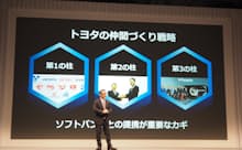 18年10月、ソフトバンクとの共同会社設立会見で、「トヨタの仲間づくり戦略」を披露する豊田章男社長