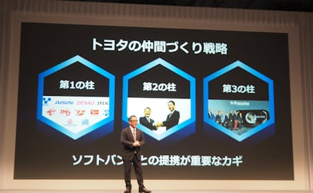 18年10月、ソフトバンクとの共同会社設立会見で、「トヨタの仲間づくり戦略」を披露する豊田章男社長