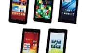 今回チェックする最新の7型Androidタブレット端末　　上段左から順に、NTTドコモが販売するサムスン電子の「GALAXY Tab 7.0 Plus SC-02D」、東芝の「REGZA Tablet AT3S0」、イー・モバイルが販売するシャープの「GALAPAGOS A01SH」。下段左から、日本エイサーの「ICONIA TAB A100」、レノボ・ジャパン「IdeaPad Tablet A1」。