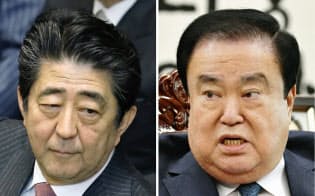 韓国国会の文喜相(ムン・ヒサン)議長(右)の慰安婦問題をめぐる発言に「謝罪と撤回を求めた」と答弁した安倍首相=共同 韓国国会の文喜相(ムン・ヒサン)議長(右)の慰安婦問題をめぐる発言に「謝罪と撤回を求めた」と答弁した安倍首相=共同
