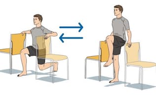 中野さんが考案した血糖値を下げるエクササイズでは、椅子に手をかけてバランスを取りながら、スクワットや膝上げをリズミカルに繰り返していく