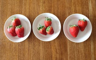 今回試したイチゴ3種。左から、大分県産「ベリーツ」、佐賀県産「いちごさん」、栃木県産「スカイベリー」