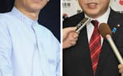 8日、民自公党首会談を終え記者の質問に答える野田首相（写真右）と、谷垣総裁