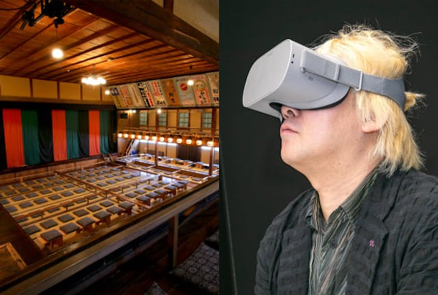 VRで歌舞伎を楽しむ「VR歌舞伎」を津田大介さんが体験した（写真左はVR撮影を行った豊岡市出石町にある永楽館）