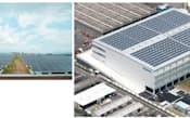 固定価格買い取り制度が2012年7月1日に施行され、メガソーラーが次々と誕生している。左はソフトバンクグループが7月に京都で運営を始めた施設。当初、最大出力は2100kWだったのを、4200kwに拡大した。一方、大林組は物流倉庫の屋上に982kWの太陽光パネルを設置した。（右）