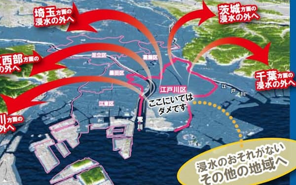 東京都江戸川区の水害ハザードマップ表紙より。区内に浸水の恐れがある場合は、「ここにいてはダメです」と明記し、議論を呼んでいる(資料:江戸川区)