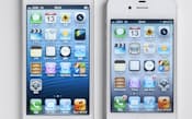画面サイズの比較。iPhone5（左）はアイコンが天地に1列増えている