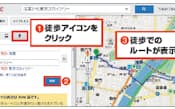 図13　交通手段を電車ではなく、車や徒歩に変更できる。「徒歩で行く」ボタンを押し（図中の赤丸1）、出発地・目的地を指定して検索すればよい（図中の赤丸2、赤丸3）