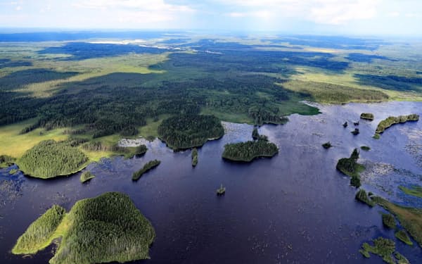 ロシア、ボログダ地方を流れるボログダ川の空撮写真。ロシアは、新たな森を植林することで、排出された温室効果ガスを削減できる国の最有力候補だ（PHOTOGRAPHY BY VLADIMIR SMIRNOV/ TASS/ GETTY）