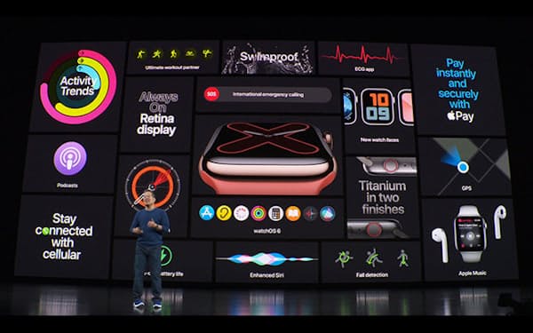 米アップルは米国で発表会を開催。その中で新型スマートウォッチの説明に約20分もの時間を割いた=提供/米Apple