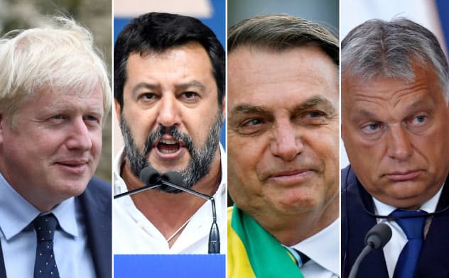 (左から)ジョンソン英首相、イタリアの極右政党「同盟」サルビーニ党首、ブラジルのボルソナロ大統領、ハンガリーのオルバン首相。ここ10年、西側諸国でポピュリスト傾向が強い指導者が台頭してきた=ロイター (左から)ジョンソン英首相、イタリアの極右政党「同盟」サルビーニ党首、ブラジルのボルソナロ大統領、ハンガリーのオルバン首相。ここ10年、西側諸国でポピュリスト傾向が強い指導者が台頭してきた=ロイター